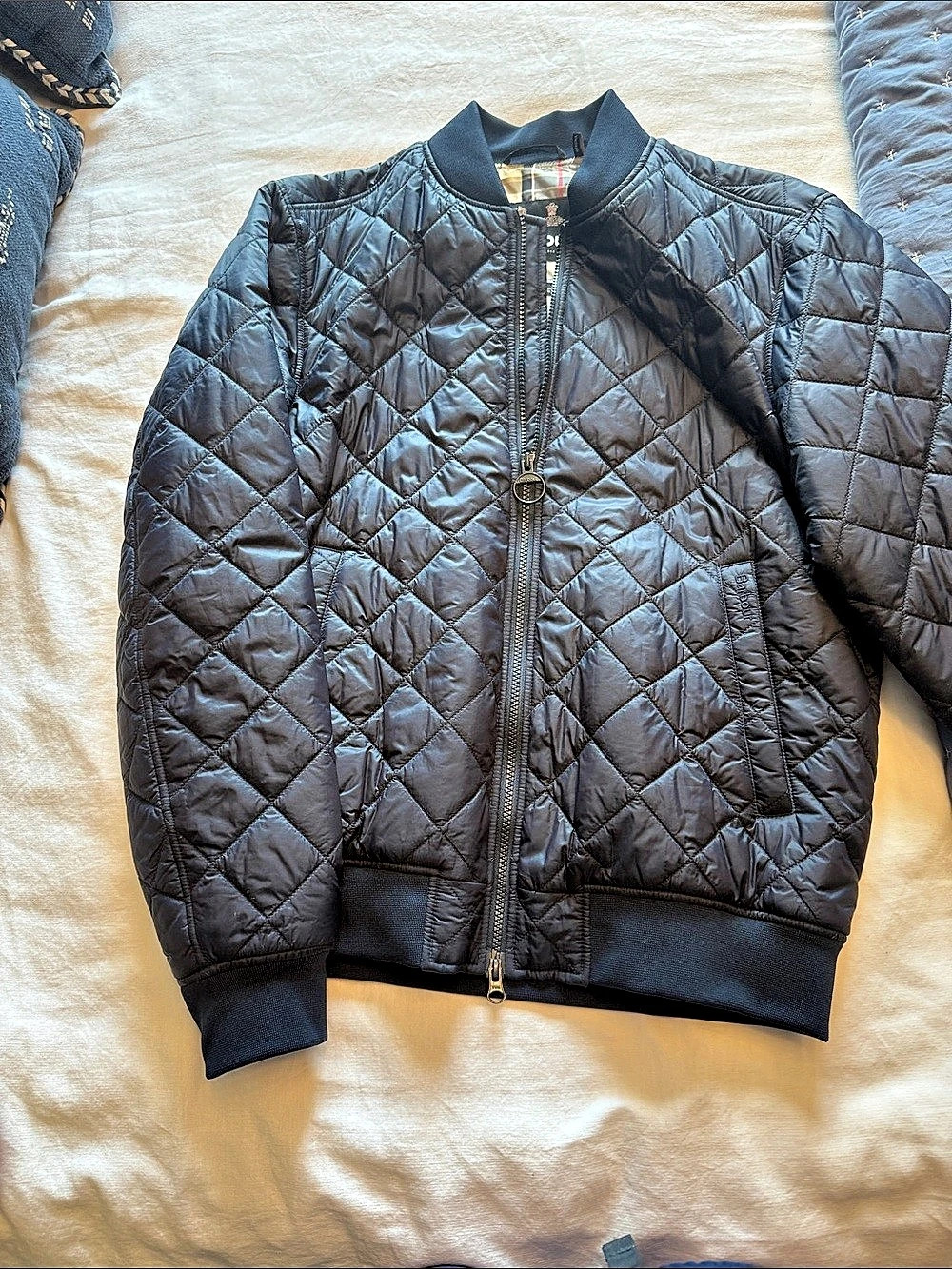 Barbour Quilted Plaid-Lined Jacket in navy blue Like New